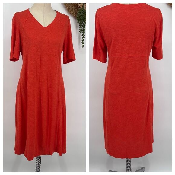 Eileen Fisher organic cotton and hemp deep v neck midi dress‎ Geranium Small - Picture 1 of 12